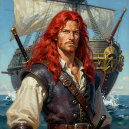 an epic fantasy comic book style portrait painting of a long haired, red headed male sky - pirate in front of an airship in the style of ed binkley
