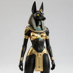 female anthromoporphic black jackal egyptian god anubis wearing black and gold cybertech armor. buxom, wide hips, character design by charlie bowater, ross tran, artgerm, and makoto shinkai, detailed, inked, western comic book art