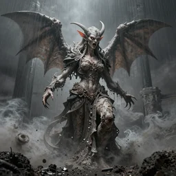 baroque lilith the mother of all monsters angry, raining ash, fine art masterpiece, highly detailed dino valls wayne barlowe machiej kuciara, dramatic lighting, long shot, wide angle, uhd 8 k, sharp focus