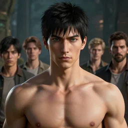 male with black short hair and green eyes by Greg Rutkowski, Sung Choi, Mitchell Mohrhauser, Maciej Kuciara, Johnson Ting, Maxim Verehin, Peter Konig , mythical, 8k photorealistic, hot, muscle, cinematic lighting, HD, high details