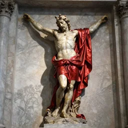 a dramatic view of the sacrifice of the priest statue dressed with soft red silk fabric made in heavy marble, with few ornaments in shiny polished stone, sculpted by hedi xandt and antonio corradini