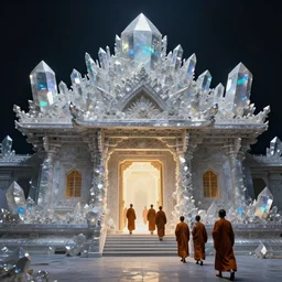 a temple made of iridescent bismuth crystals, light coming from the entrance, monks passing by, matte painting in the style of Daniel Dociu