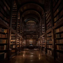 old library at night, liminal, dark, sprawling,