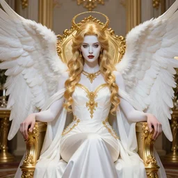 alluring angel on golden throne banquet room portrait, white robes, golden accessories, facial features, golden hair, white skin, lipstick, symmetrical wings, high fantasy, extremely detailed, sharp focus, smooth, digital illustration, by artgerm, rossdraws, franzzeta