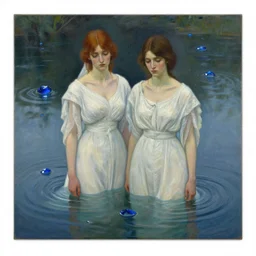 detailed painting of two sad brides standing in the river, gloomy, cobalt blue gemstones floating in the river, art by greg rutkowski and alphonse mucha