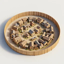 Aerial establishing shot of circular wood palisade containing a village