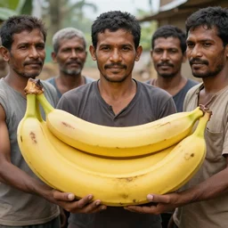 a group of men holding a 3 meter big banana, hyper realistic, very detailed.