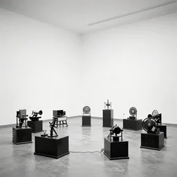 a historical photograph of Marcel Duchamp surrounded by machines in a vast empty white room, 1919, courtesy of Centre Pompidou
