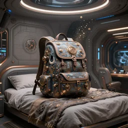 a magical backpack on top of the bed in a futuristic room by krenz cushart, fantasy, intricate, highly detailed, wide angle, sharp focus, dramatic lighting, scattering, 8 k