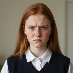 portrait of a thin adolescent white woman with round face wearing a school uniform, 1 6 yo, annoyed look, skin pores, acne, skin condition, uneven skintone, dry skin flare up, redhead, center parting, straight hair, in the morning, ambient light, sigma 8 5 mm, nikon 5 0 mm f / 1. 8 g