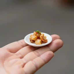 a photo of a hand holding a really tiny plate with food on it, photo - realistic, stock image