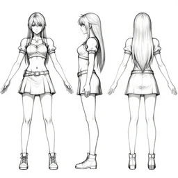 female concept art, front, side, and back view, arms outstretched, modeling reference sheet, lineart, orthographic view, ink, black and white, varying thickness, manga pen, in the style of final fantasy ix, 3 d modeling concept sheet, white background