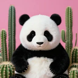 realistic studio portrait of a cute fluffy panda plushy in a cactus garden. surreal photograph, lo - fi, polished look, solid background, silly and serious, hermes ad, fashion photography, toiletpaper magazine by pierpaolo ferrari and maurizio cattelan, 3 5 mm photograph, colourful, canon eos c 3 0 0, 8 k, kodak film grain