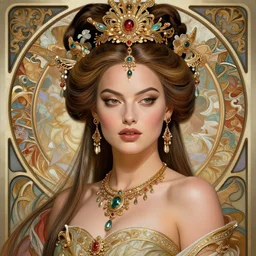 Margot Robbie as a Chinese Goddess, cute, fantasy, intricate, elegant, highly detailed, digital painting, 4k, HDR, concept art, detailed jewelry, smooth, sharp focus, head and waist potrait, art by Artgerm and H R Giger and Greg Rutkowski and Alphonse Mucha