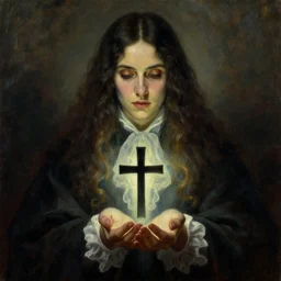 Mysterious pop with a cross in his hands, the long shot, dramatic lighting, high-detailed oil painting by James Christensen, William Blake and Repin, masterpiece, 4k