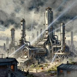 concept art of a industrial complex, pinterest, artstation trending, behance, watercolor, by coby whitmore, silver, laser light,