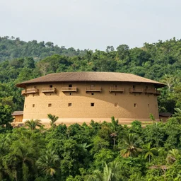 rammed earth palace atop a jungle hill