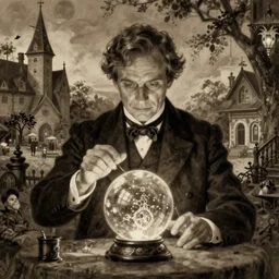 Frank Dillane with a crystal ball conducting a seance, intricate, digital painting, old english, victorian, sepia, whimsical background by marc simonetti, artwork by liam wong