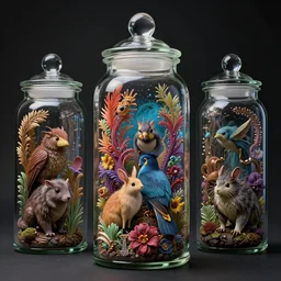 collection of animals inside glass jars, moody :: by studio ghibli, beeple and James Gilleard and Justin Gerard :: ornate, dynamic, particulate, rich colors, intricate, elegant, highly detailed, centered, artstation, smooth, sharp focus, octane render, 3d