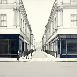 london street by dan mumford and peter doig and edward hopper, symmetrical, minimal, black ink, thick lines highly detailed, muted colours 8 k