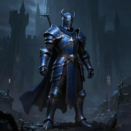 Grimdark Fermale Paladin, justice, navy blue armor, darkness, shadowy castle background, heroic pose, dnd, d&d, trending on artstation, artstationHD, artstationHQ, matte painting, chiaroscuro