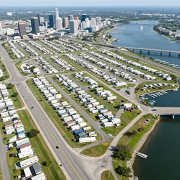 bird's eye view of a city, trailer park, a road, bridge, and inlet with docking area.