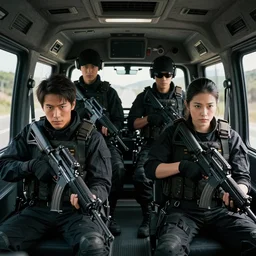movie diverse interracial team of Japanese robbers armed with rifles interior clean futuristic tactical van, beautiful skin, Symmetrical faces. natural lighting by Emmanuel Lubezki