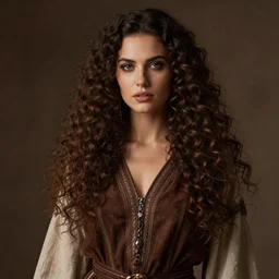 ethereal beautiful woman with long curly hair in romany gypsy outfit, high detail, brown dark aesthetic