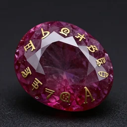 a large cut polished ruby glinting with ancient golden runes on it in front of dark black studio background