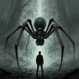 a man standing in front of a giant spider, concept art by jason a. engle, cgsociety, fantasy art, concept art, lovecraftian, apocalypse art.