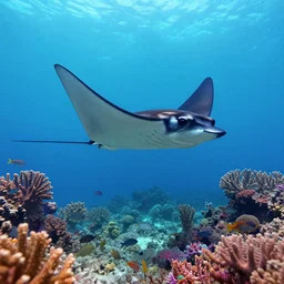 a single manta ray swims above a colorful coral reef filled with fish, volumetric light, realism, in the style of alena aenami and andreas rocha and anato finnstark and charlie bowater