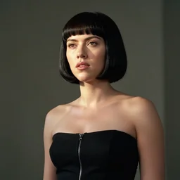 a photographic still of scarlett johansson looking into the distance, beautiful light failling on her face, futuristic a - line bob with bangs hairstyle black hairs, medium shot, ghost in the shell, by annie leibowitz