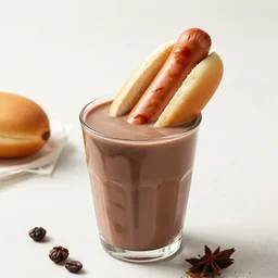 a hotdog soaking in a cup of fancy chocolate milk