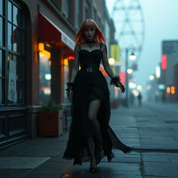 christina hendricks as a goth girl walking in highheels by fiona staples and dustin nguyen, peter elson, alan bean, wangechi mutu, sharp focus, photography, unreal engine, trending on artstation, photorealistic, octane, trending on deviantart