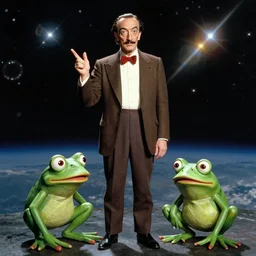 the full body shot of salvador dali in the role of emperor of universe and pepe the frog | still frame from the prometheus movie by ridley scott with cinematogrophy of christopher doyle and art direction by hans giger, anamorphic bokeh and lens flares, 8 k, higly detailed masterpiece