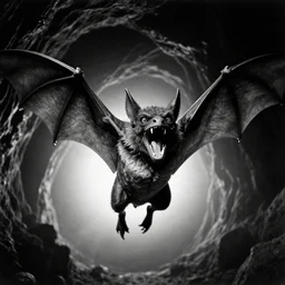 a close - up, black & white studio photographic portrait of a loud screeching giant, bat - like creature flying towards you, you are exploring an alien planet and come across a strange, dark cave, dramatic backlighting, 1 9 7 3 photo from life magazine, by keith thompson,