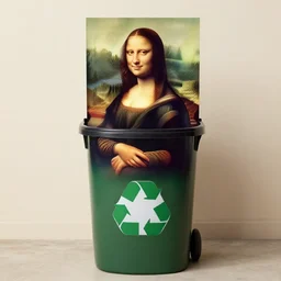 photo of a reciclying bin with the mona lisa in it