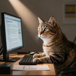 a cat working at a computer, doing important cat related research