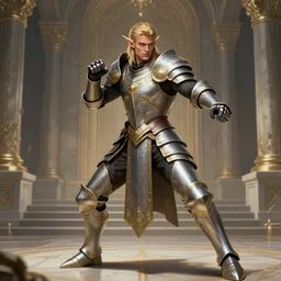full body picture of a handsome male elf paladin in a temple, ornamental armor, holy themed, platinum and brass, fighting stance, high fantasy, detailed face, highly detailed, sharp focus, smooth, sfumato, digital illustration, by clyde caldwell, hd, 8 k