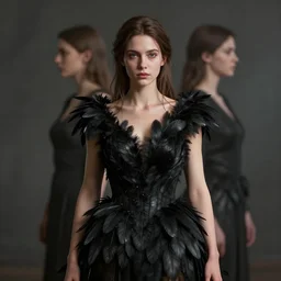 meredit frampton and craig mullins style : hight focus of a wonderful realistic focused sweet wonderful symmetrical mid portrait of a lonely very beautiful goddess, with a dress that is like a realistic black plumes, dramatic light, octane render, gregory crewdson lighting, - 8 k