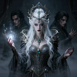 a beautiful white haired queen, adorned with precious stone jewelry, intricate concept art, ominous, sinister dark fantasy, occult, spells, magic, enchanted, misty, dramatic lighting, dark background, octane render, 8 k, ruan jia and tom bagshaw and alphonse mucha