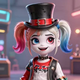 lofi biopunk portrait of harley quinn, wearing a tophat, Pixar style, by Tristan Eaton Stanley Artgerm and Tom Bagshaw.
