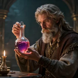 An Alchemist inspecting a potion in his hand by Greg Rutkowski, 4k photorealistic, volumetric lighting, HD, high details, dramatic, trending on artstation
