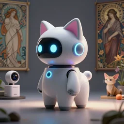 product photo of a futuristic stylized playful robot pet, minimalistic kindchenschema, by artgerm and greg rutkowski and marc newson and zaha hadid, alphonse mucha, zaha hadid, samsung apple webcam, sleek matte glossy materials, neon, kitten puppy pig otter fennec inspired. side view, volumetric light, detailed, octane render, midsommar