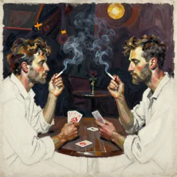 oil painting in the style of john craxton. sailors talking in the shadows of jazz club. looking. strong expressions on faces. smoke. holding cigarettes. playing cards. scratched. strong lighting. brush. single flower. in the style of ivon hitchins. cheekbones. seated figure hands on table. line drawing. high detail. painted