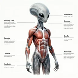 Muscle diagram of a grey alien, ufology, Roswell air base, 1947, high quality medical illustration