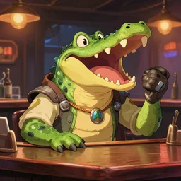 raucous laughing crocodile bandit at a bar, overwatch, studio ghibli, ultra detailed, digital painting, trending on artstation, colorful, cinematic, concept art