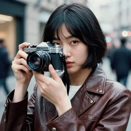 ektachrome, 5 0 mm portrait lens, highly detailed : incredibly realistic, youthful asian demure, holding old film camera, feminine cut, exquisite features, close up portrait photo 1 9 7 0 s frontiers in flight leather suit cosplay, street photography fashion shoot, evening, nick knight,