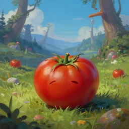 a beautiful matte painting of a very sad tomato in a fantasy landscape, by steve argyle and mark arian