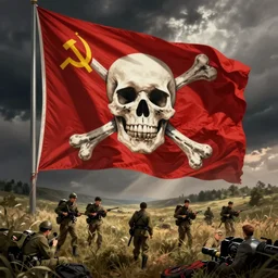 a wwii soviet propaganda poster of the soviet flag with skull and crossbones by rei kamoi and dan mumford and robin eley